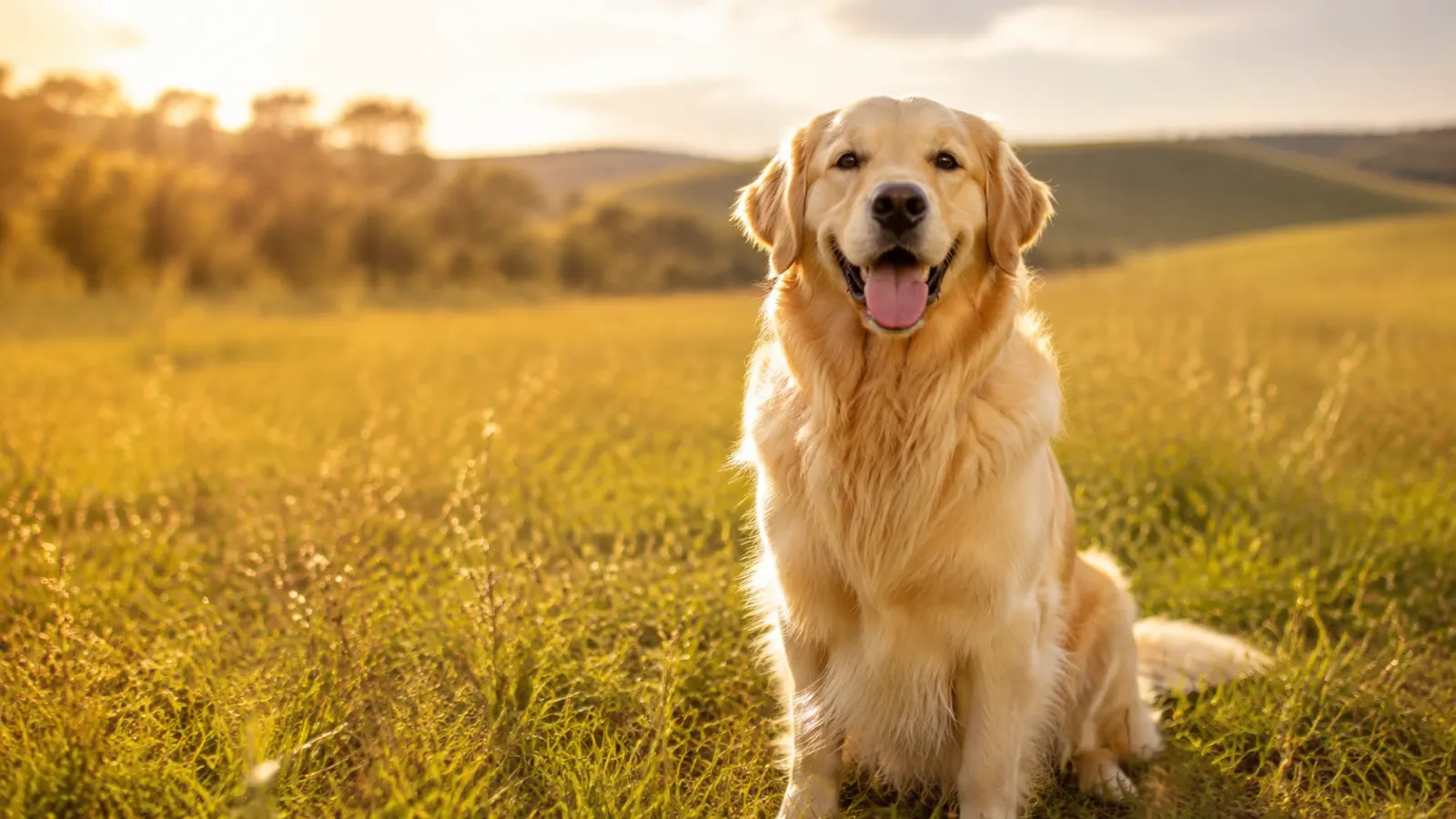 Happy golden retriever sitting in a sunny field for a collection of dog captions