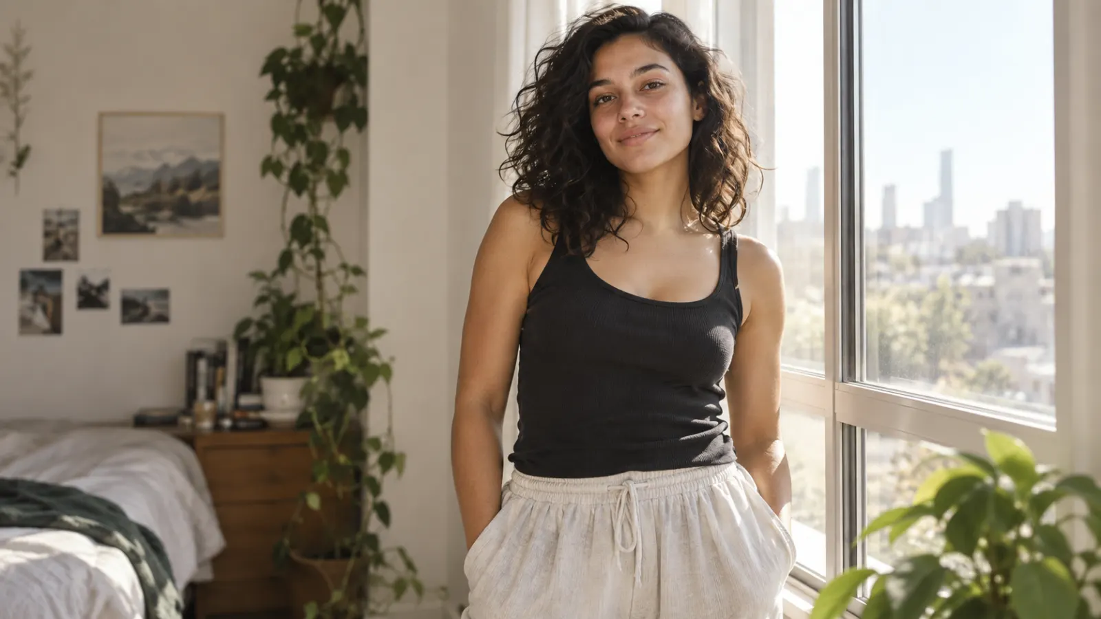 Confident woman standing naturally beside a sunny apartment window