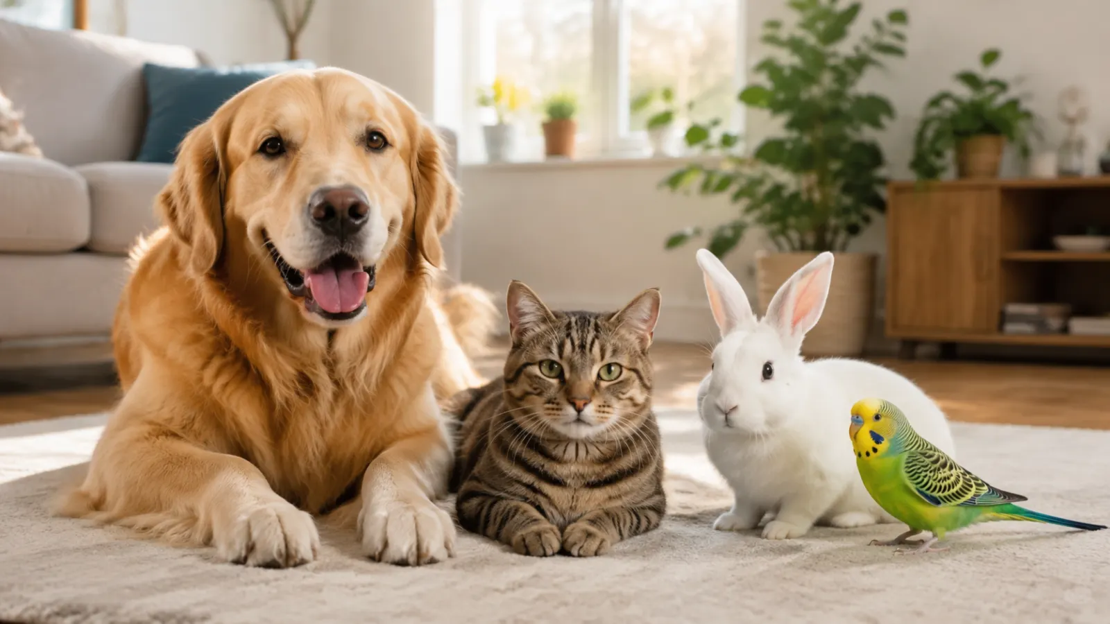 Happy golden retriever, tabby cat, white rabbit, and colorful budgie relaxing together at home