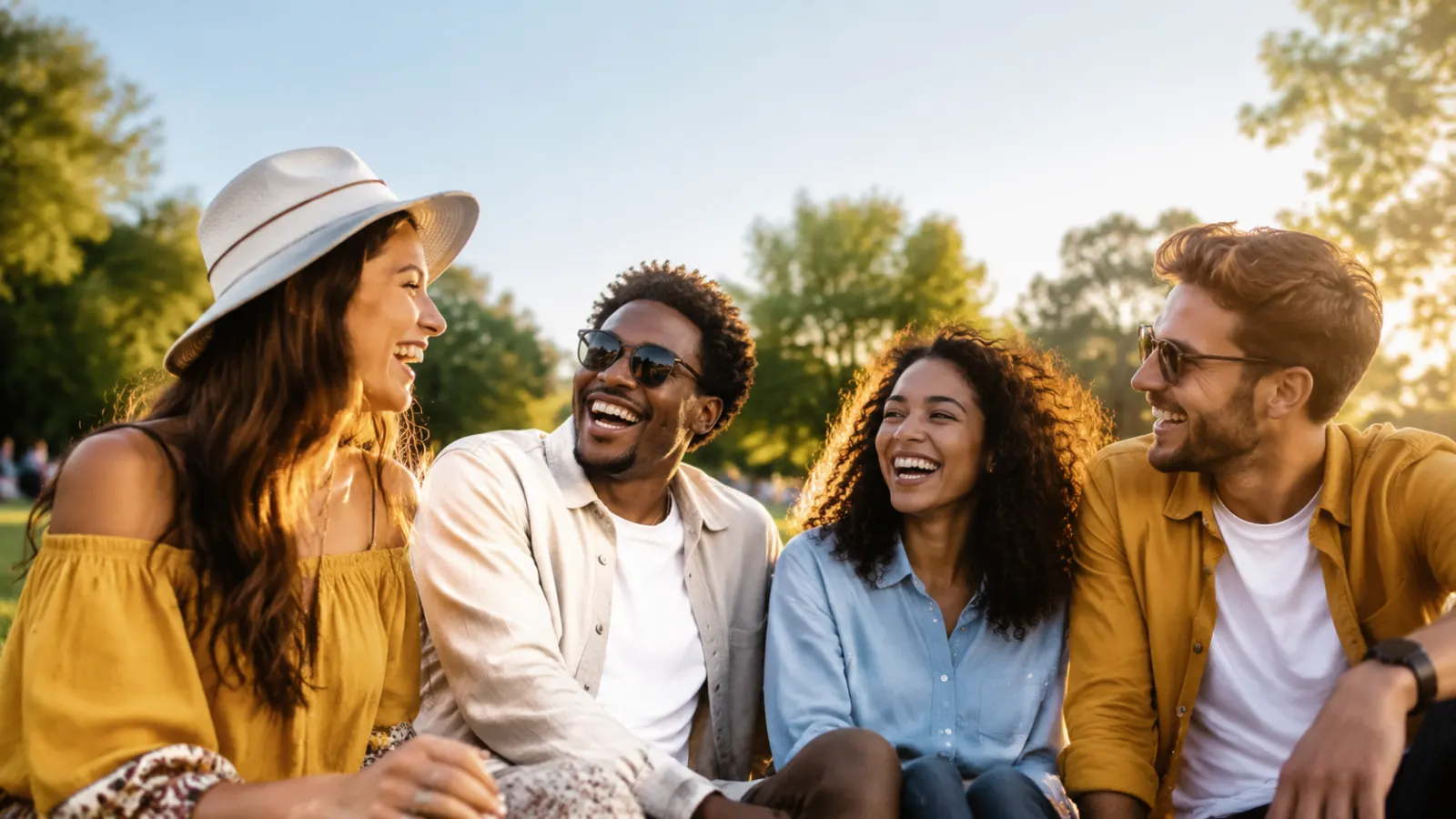 Diverse friends sharing good vibes and laughing together in a sunny park