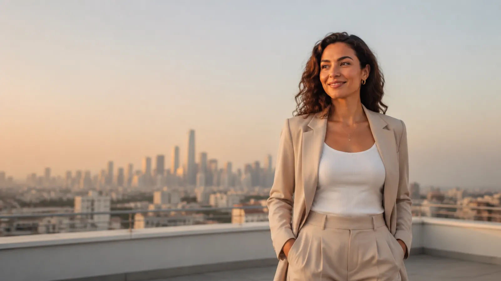 Confident woman standing on a city rooftop at sunrise