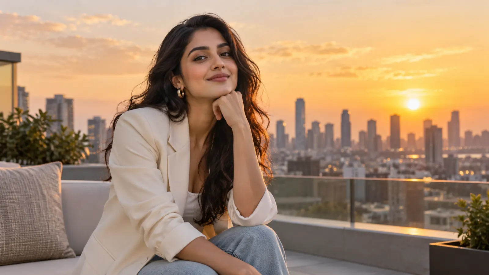 Confident South Asian woman on a city rooftop at golden hour