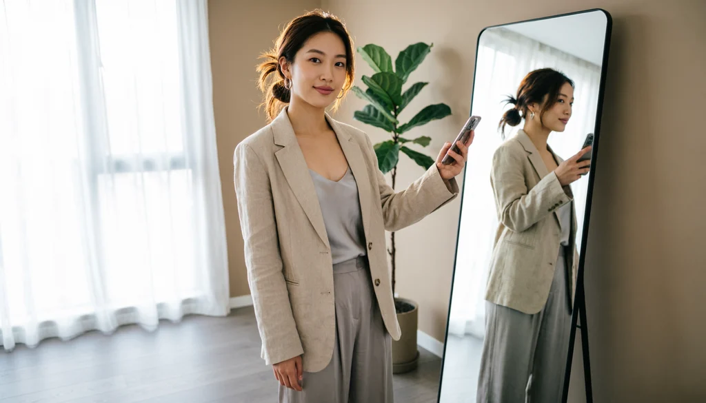 Confident young woman taking a stylish mirror selfie for a confidence captions article