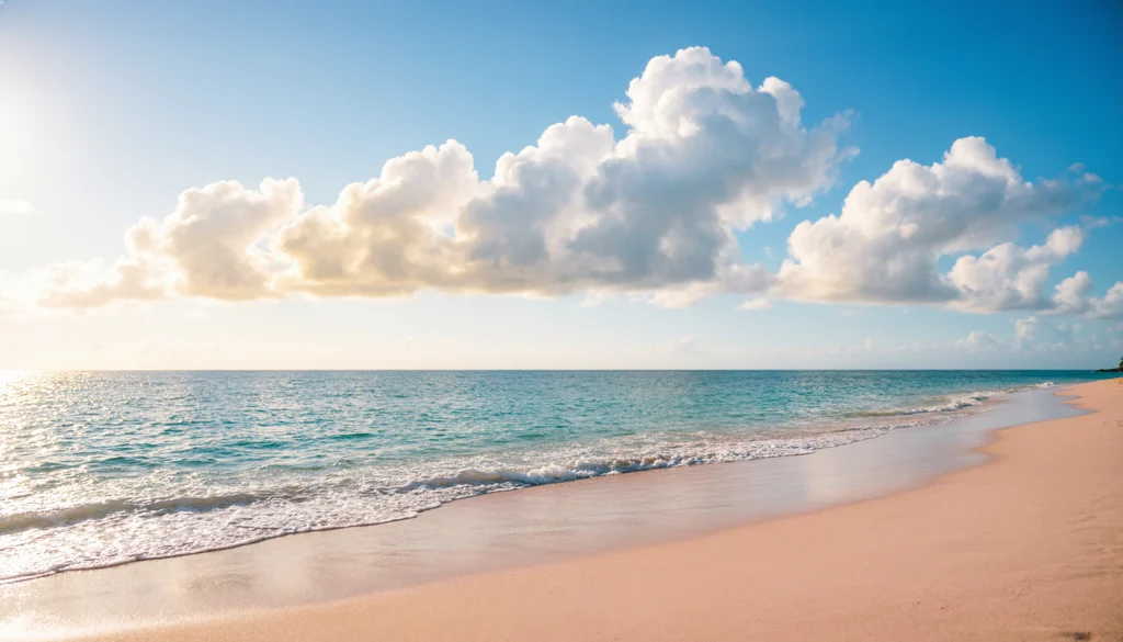 Tropical beach with soft white clouds above a blue ocean and golden sand, creating a peaceful seaside travel scene.