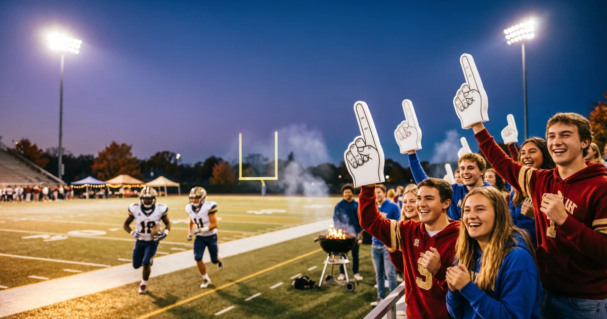College football game day with fans cheering in a stadium under bright lights during fall season
