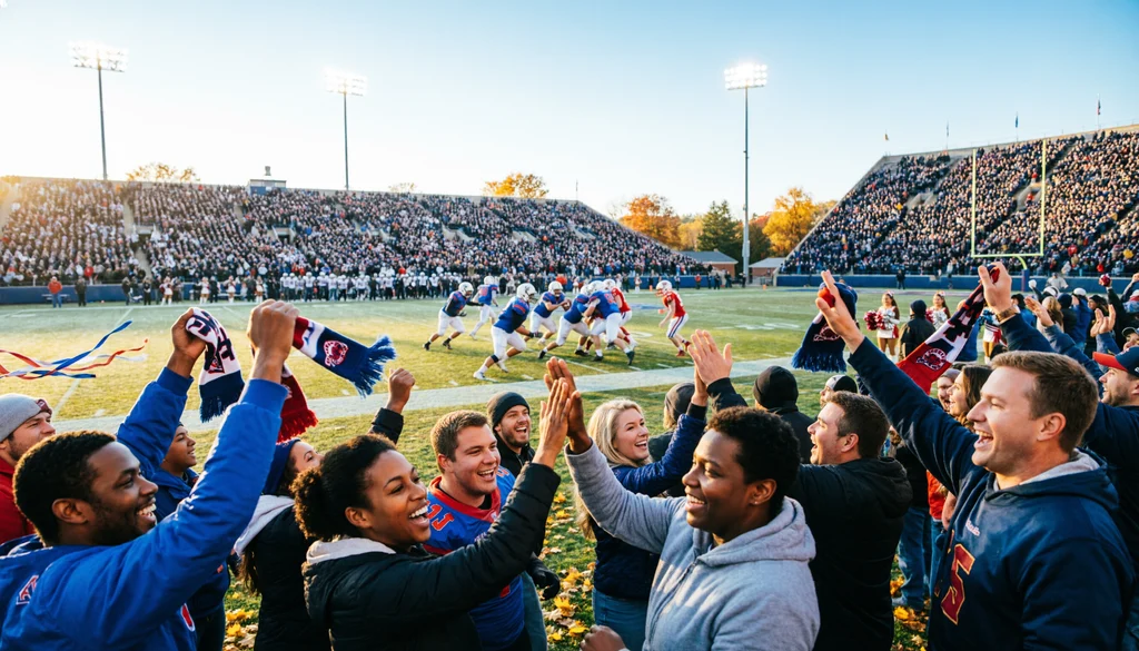 College football game day with fans cheering in a packed stadium under bright lights during fall season.