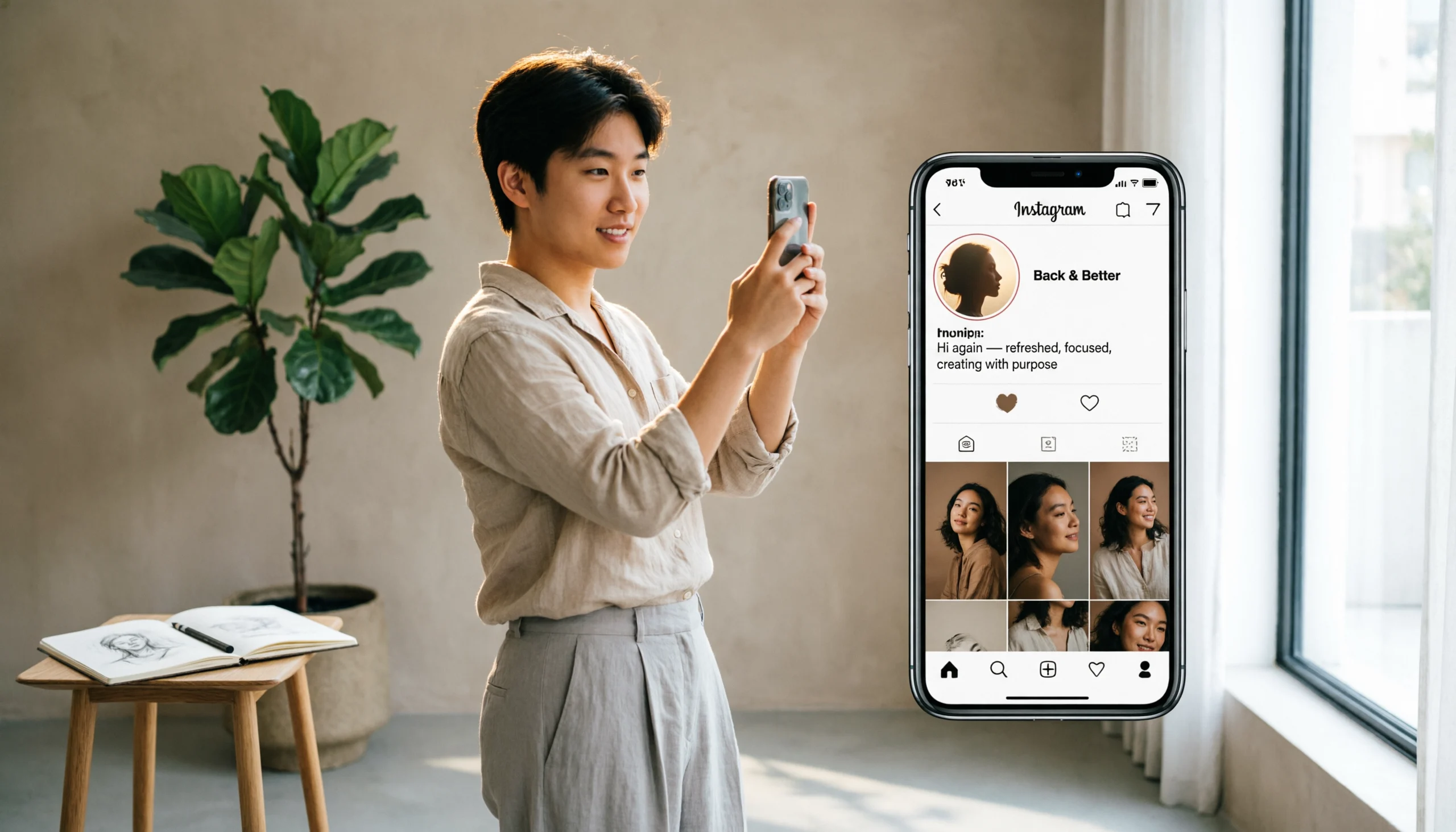 Stylish Instagram comeback post with a smartphone and a confident person returning to social media after a break
