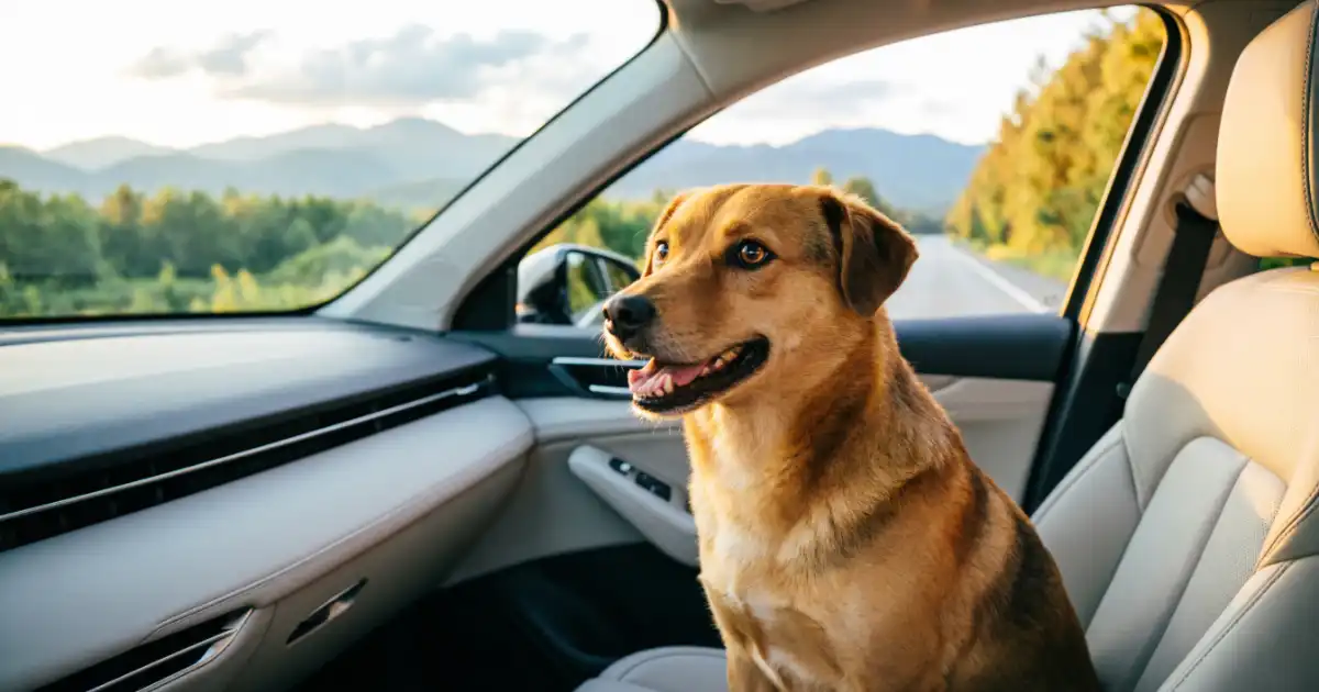 Happy dog enjoying a scenic car ride during a road trip