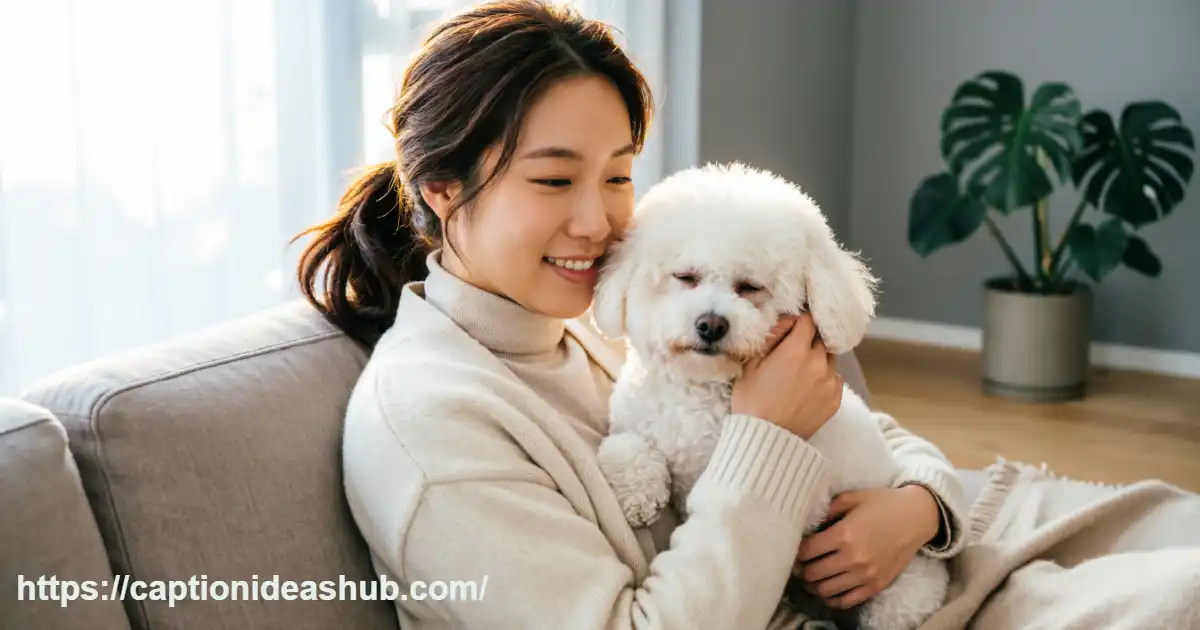 Person cuddling a happy dog on a cozy couch