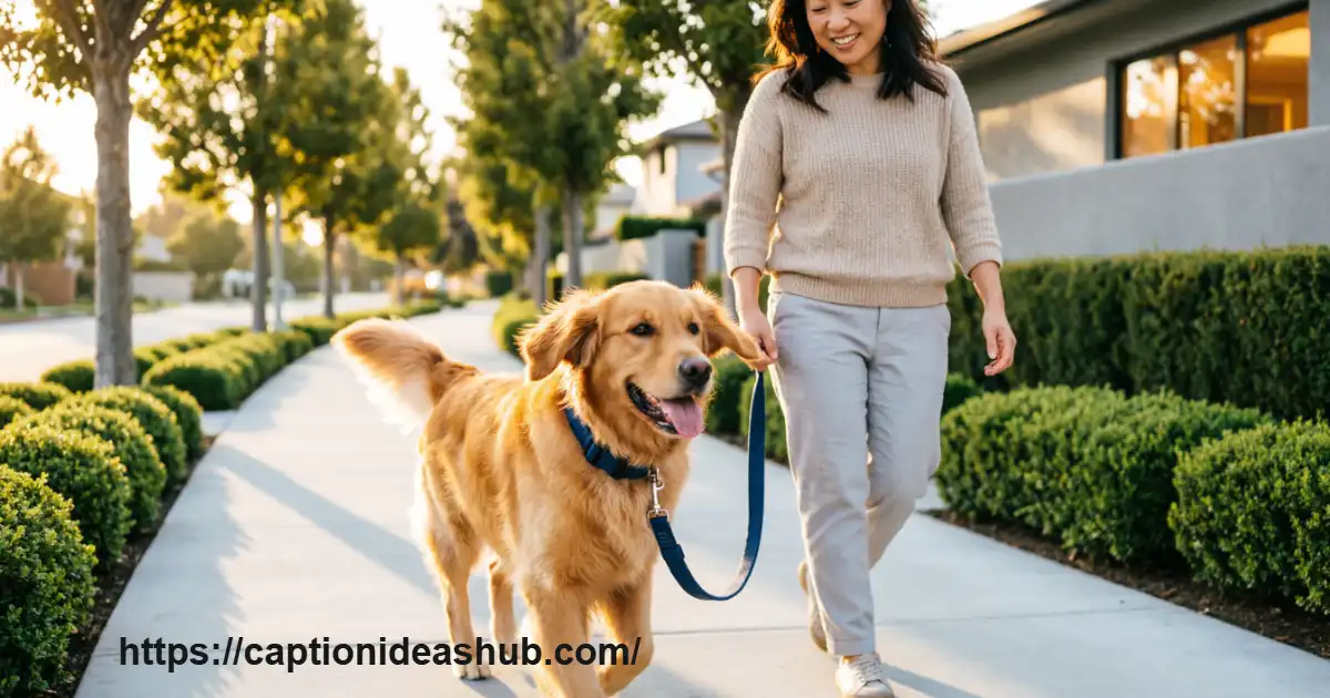 Happy dog walking with its owner on a sunny outdoor path