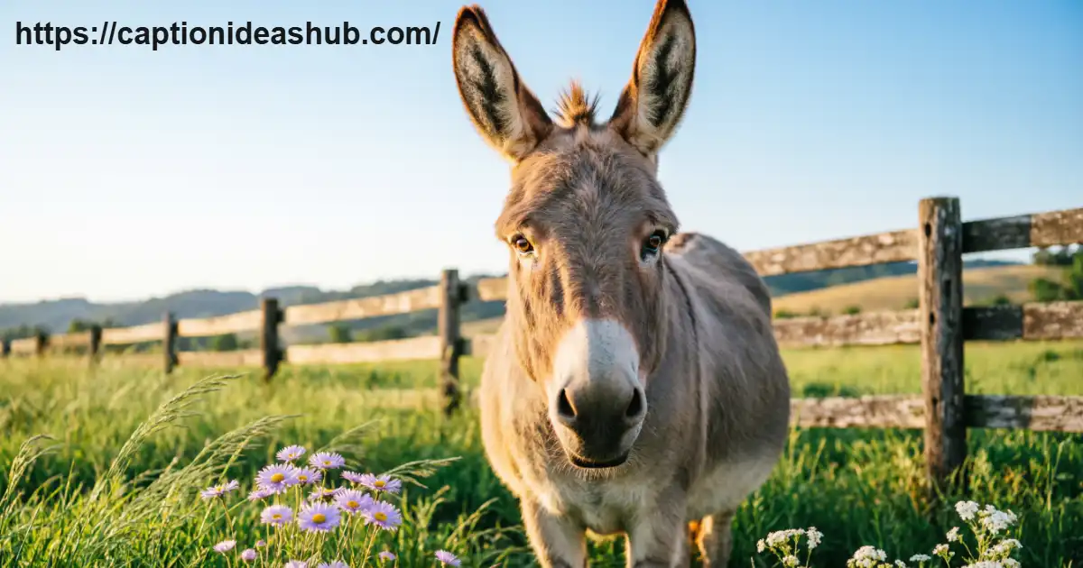Donkey standing in a sunny countryside pasture for a donkey captions article