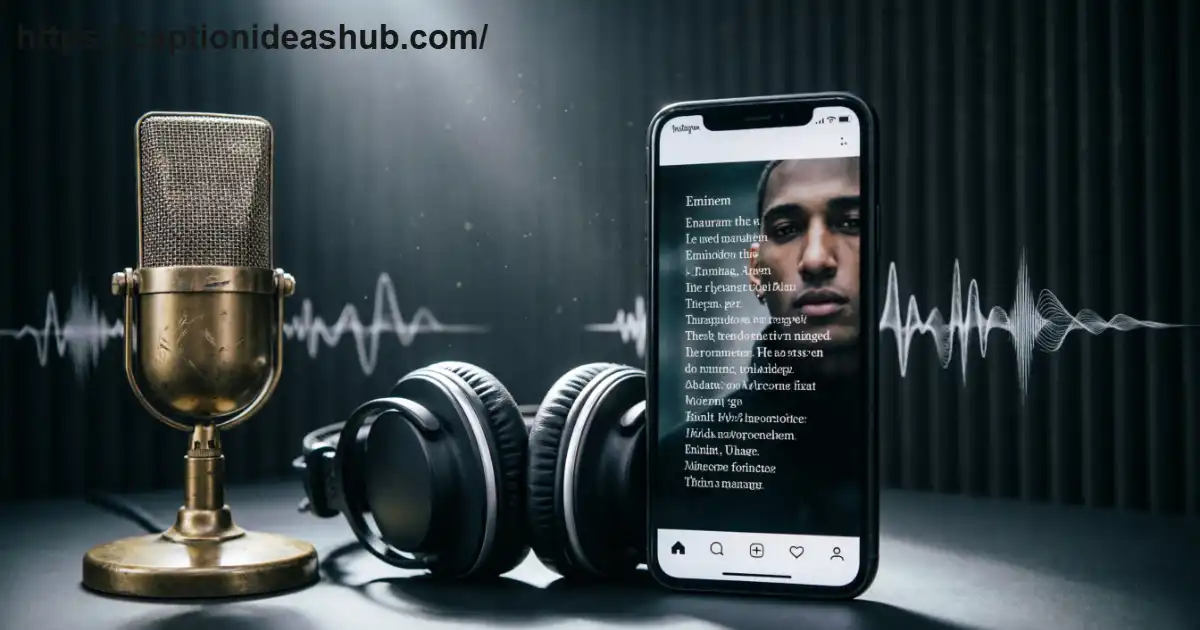 Eminem inspired Instagram captions shown with headphones and a microphone in a moody music studio setting