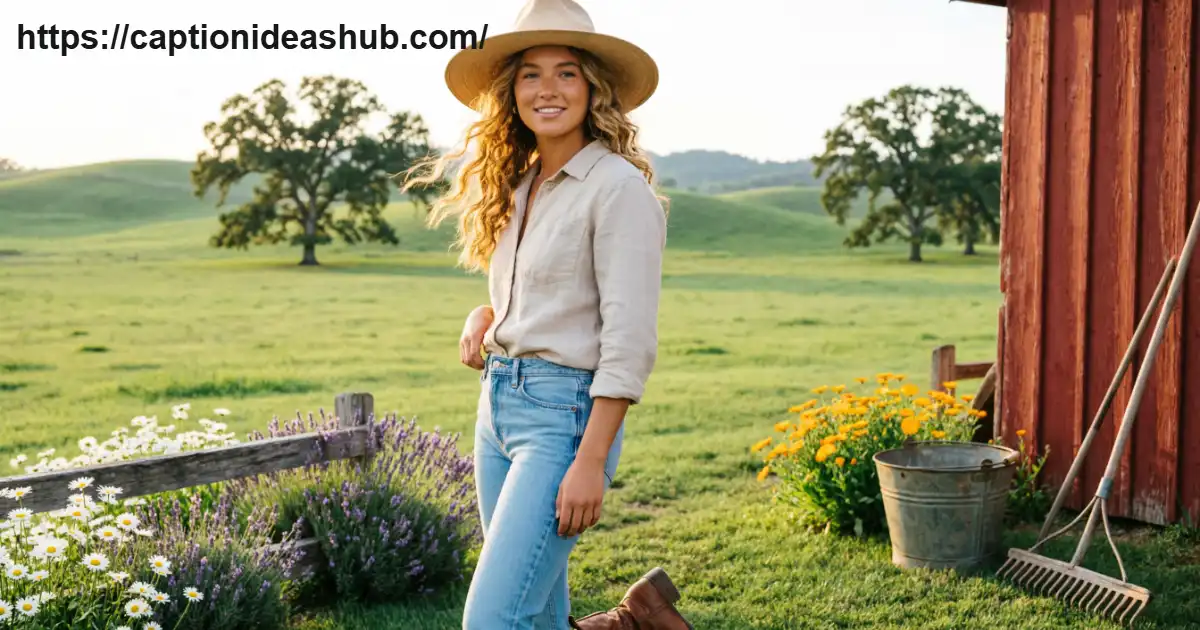 Farm girl standing beside a rustic barn in a sunny countryside setting