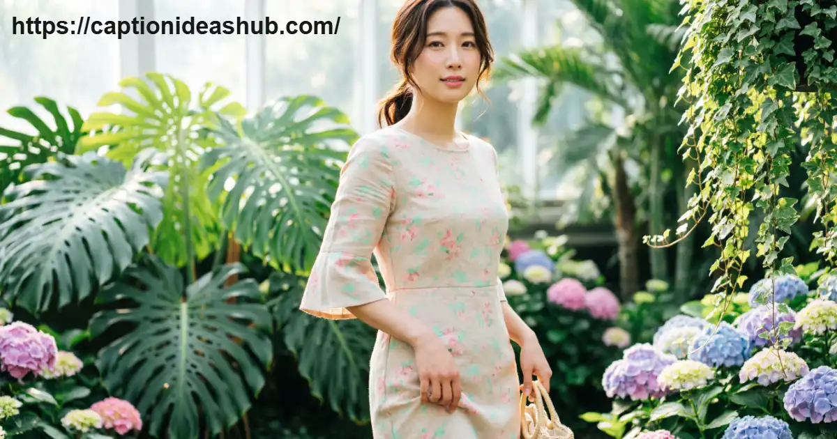 Woman wearing a floral dress in a bright garden for a floral dress captions article