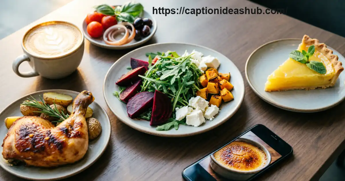 Colorful restaurant meal with coffee and dessert for food caption ideas