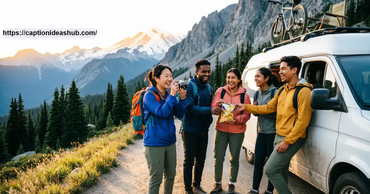 Friends laughing on a scenic mountain adventure with backpacks and travel gear