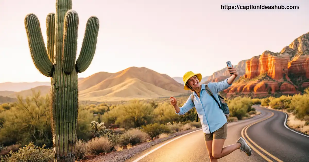 Funny Arizona captions with a saguaro cactus, desert road, red rocks, and golden sunset