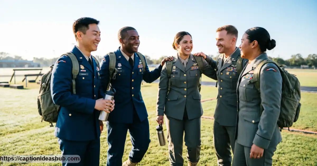 Military squad smiling together outdoors for a funny army captions blog post