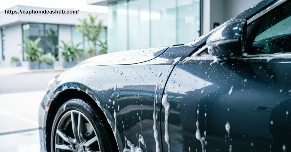 Freshly washed car covered in water droplets and foam at a modern car wash