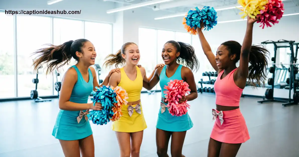 Cheerleading squad laughing together after practice with pom poms and bows