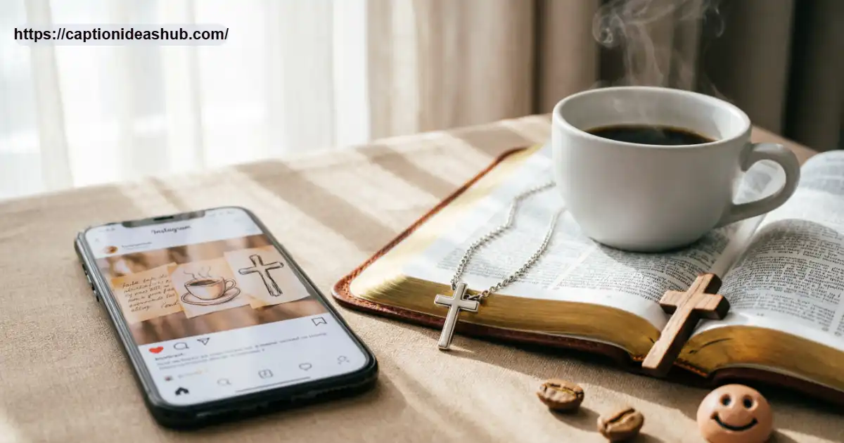 Funny Christian captions for Instagram with a Bible, coffee, and smartphone