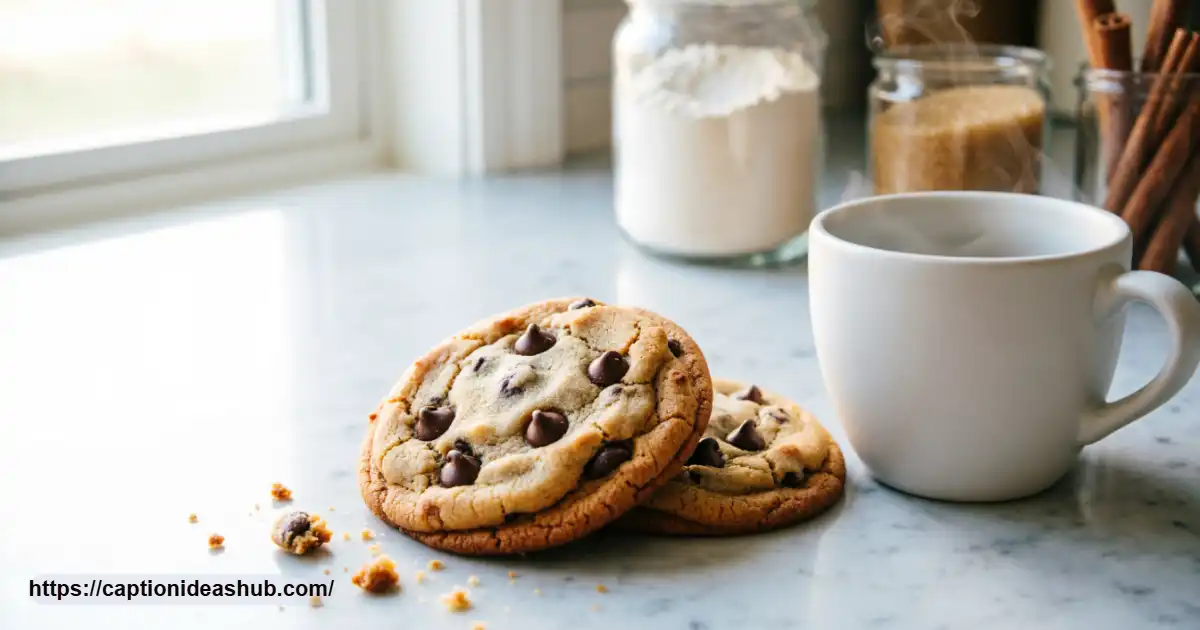 Fresh chocolate chip cookies with coffee and crumbs for a funny cookie captions article
