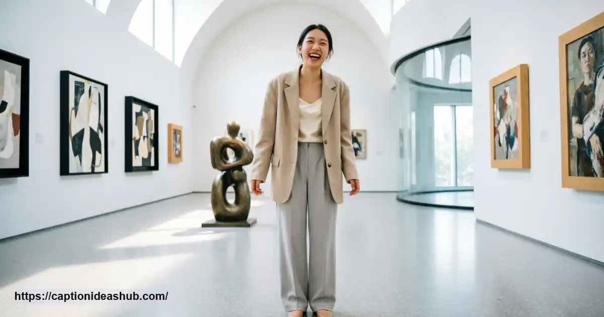 Person laughing and posing beside artwork inside a modern museum gallery