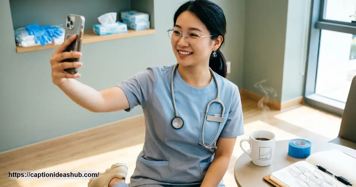 Nurse in scrubs taking a funny selfie with coffee and a stethoscope