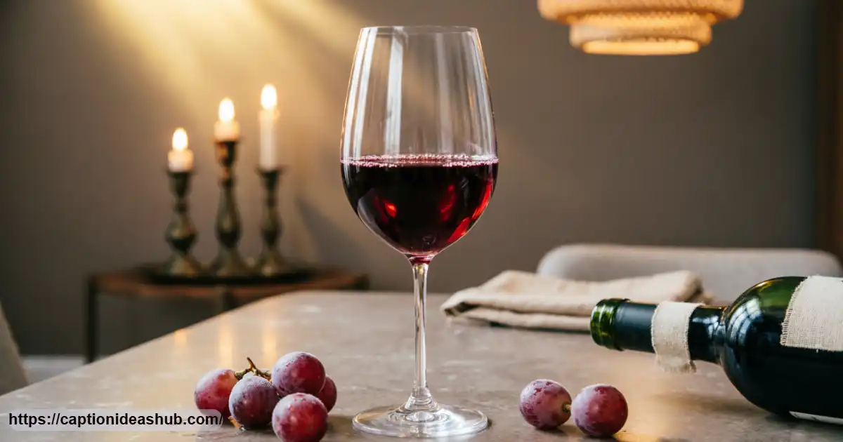 Wine glass and grapes on a restaurant table for funny wine captions