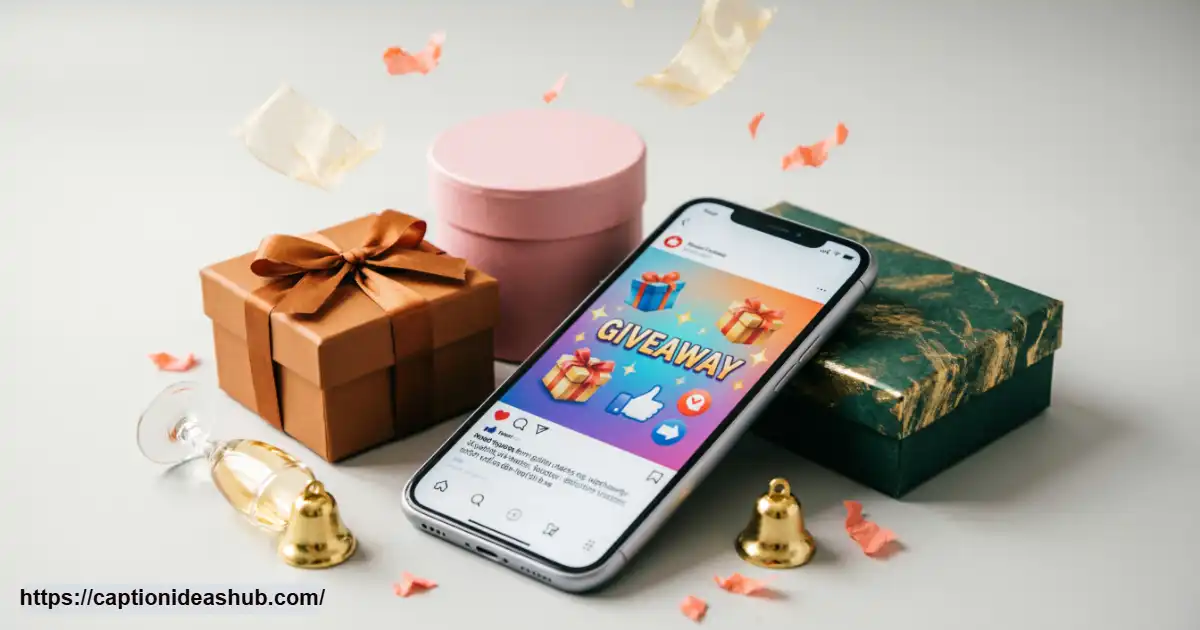 Smartphone and gift boxes representing creative giveaway captions for social media