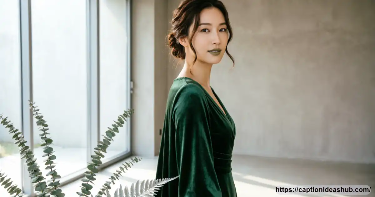 Stylish woman wearing an elegant green dress for a fashion inspired Instagram caption article