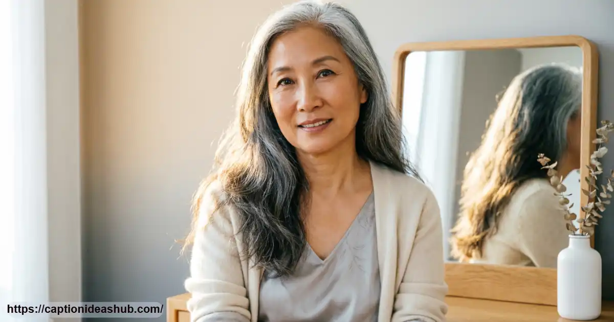Woman with natural silver grey hair posing confidently for grey hair captions