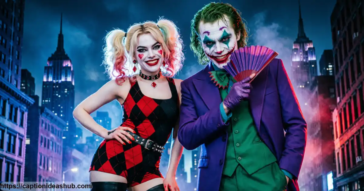 Harley Quinn and Joker inspired couple aesthetic in a colorful Gotham themed nighttime scene