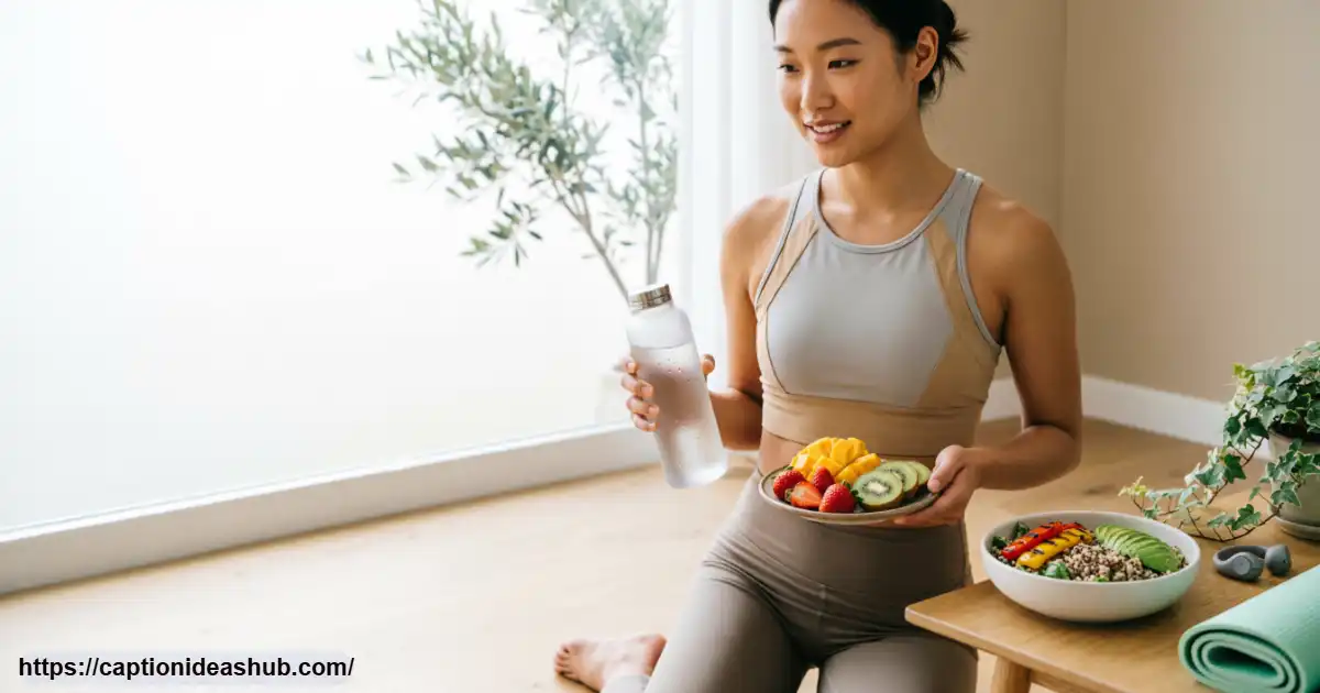 Healthy lifestyle scene with fitness, wellness, fresh food, and self care elements