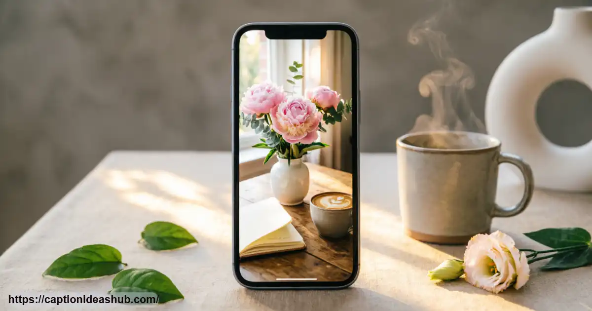 Hello captions for Instagram featuring a cozy modern lifestyle scene and smartphone