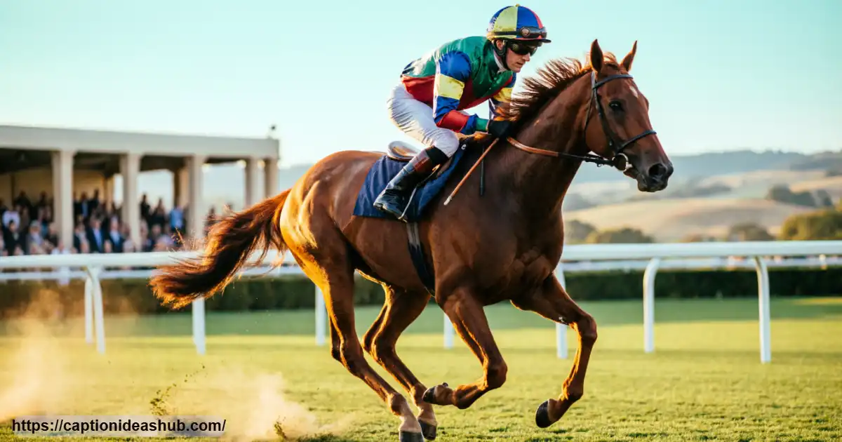 Thoroughbred horse racing at full speed on an outdoor track during golden hour