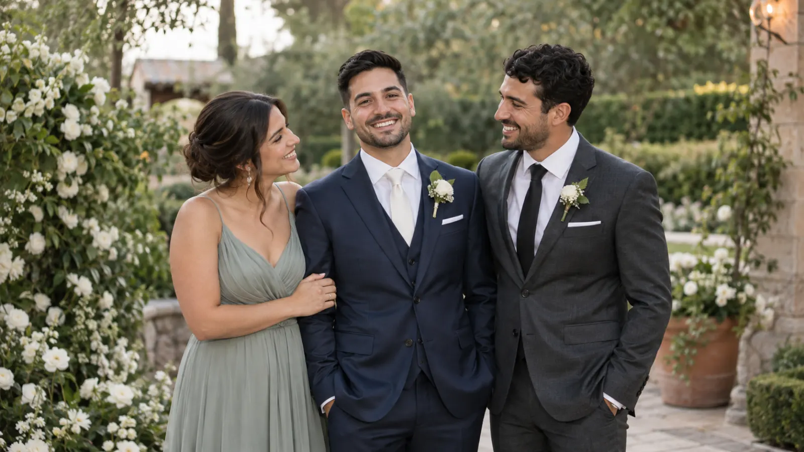 Groom in a navy suit smiling with two siblings at a garden wedding.