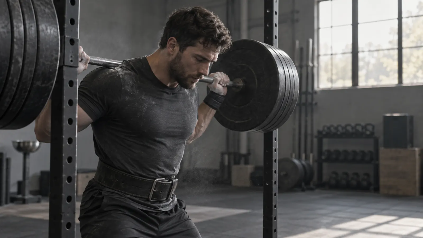Bodybuilder performing a seated dumbbell curl in a naturally lit strength gym