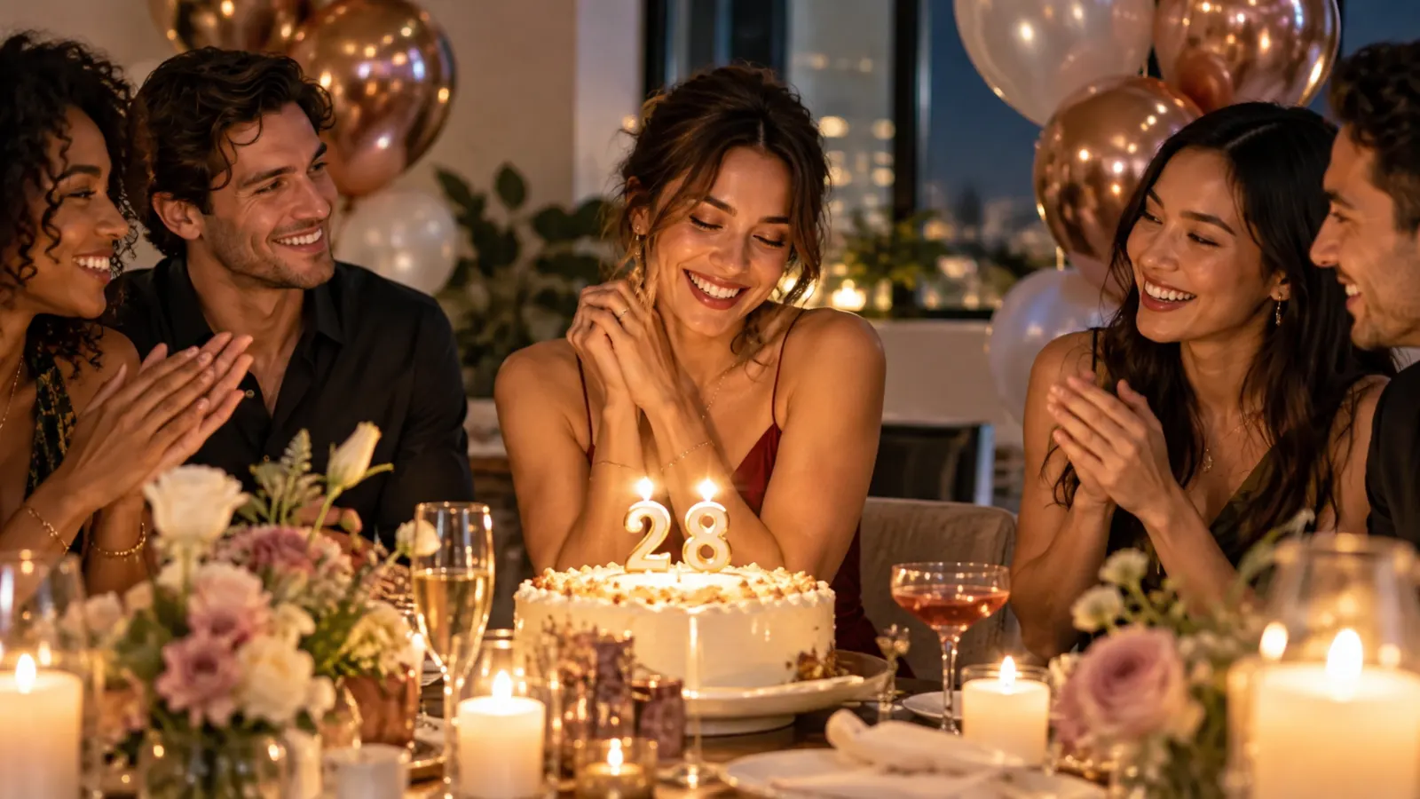 Adult celebrating a 28th birthday with friends, an elegant cake, flowers, candles, and balloons at dinner.