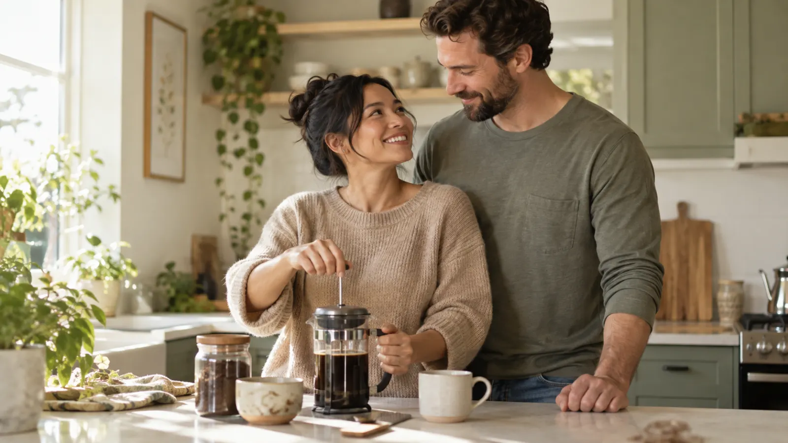 Couple smiling at each other while making coffee in a sunlit kitchen.