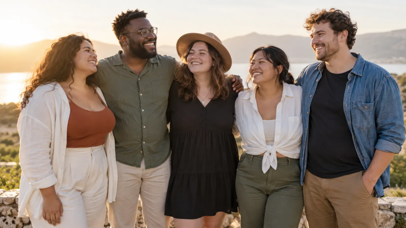 Diverse group of friends with different body shapes smiling together outdoors