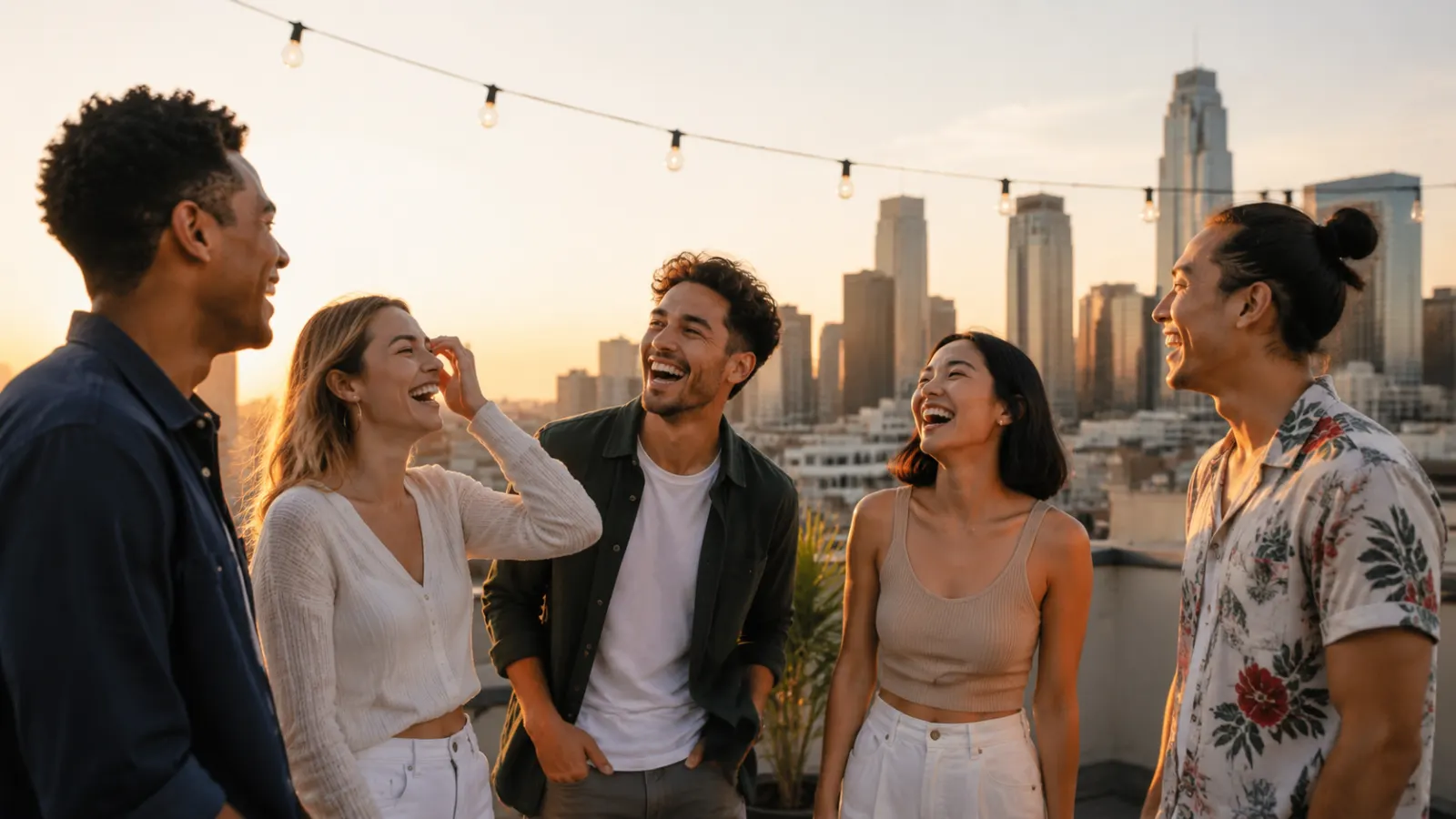 Friends laughing together at a rooftop gathering during golden hour