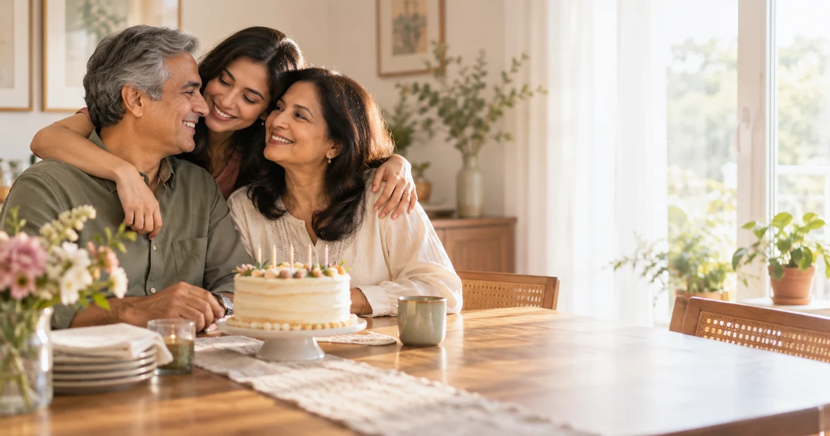 Adult daughter hugging her parents beside an anniversary cake at home
