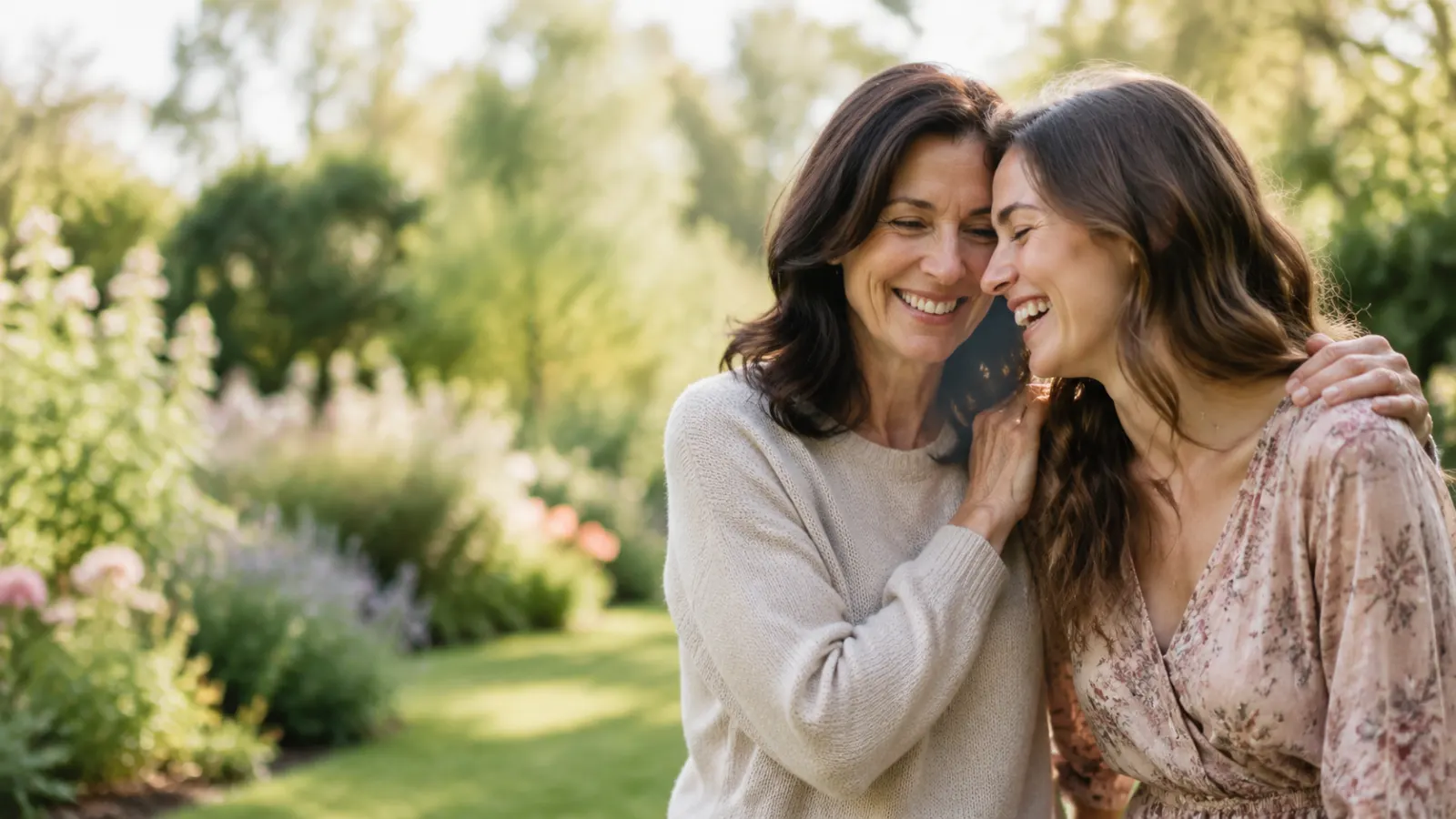 Mother and adult daughter laughing together in a sunlit garden for a mother and daughter captions article.