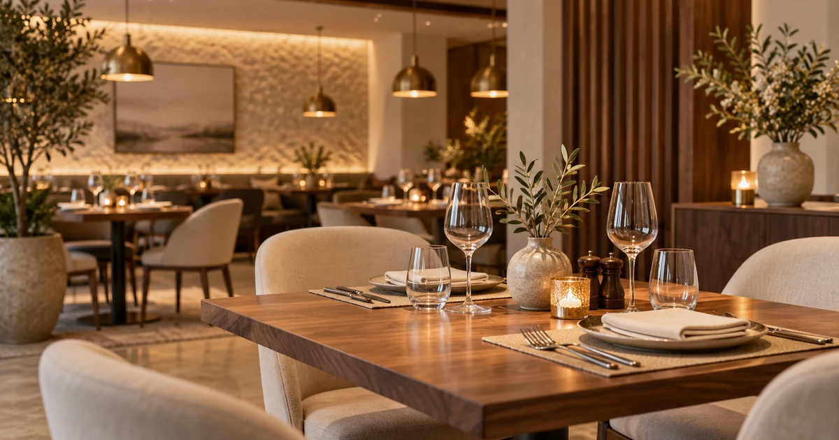 Elegant modern restaurant interior with a warmly lit dining table