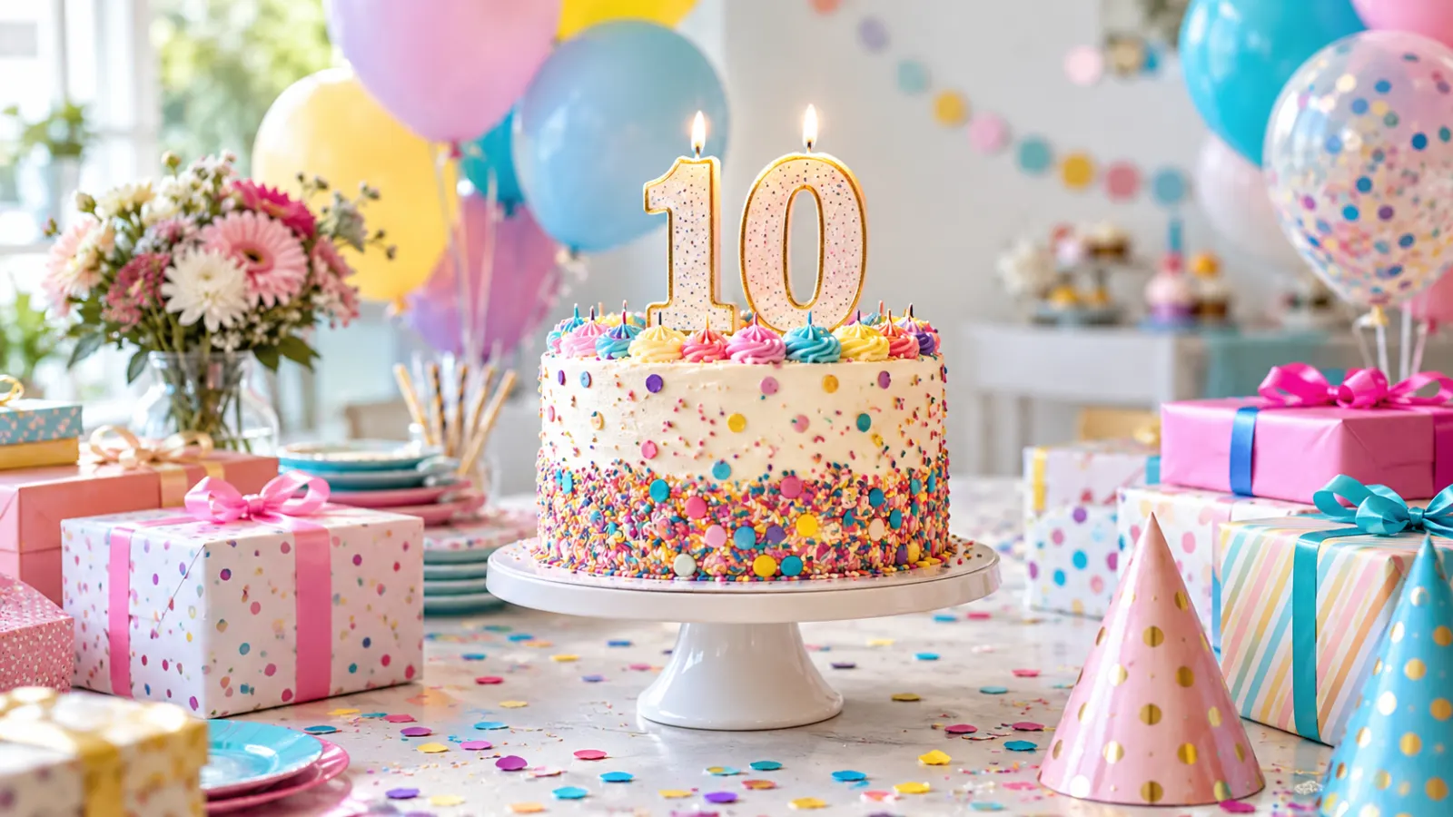 Colorful tenth birthday cake with numeral 10 candles, balloons, party hats, confetti, and wrapped gifts.
