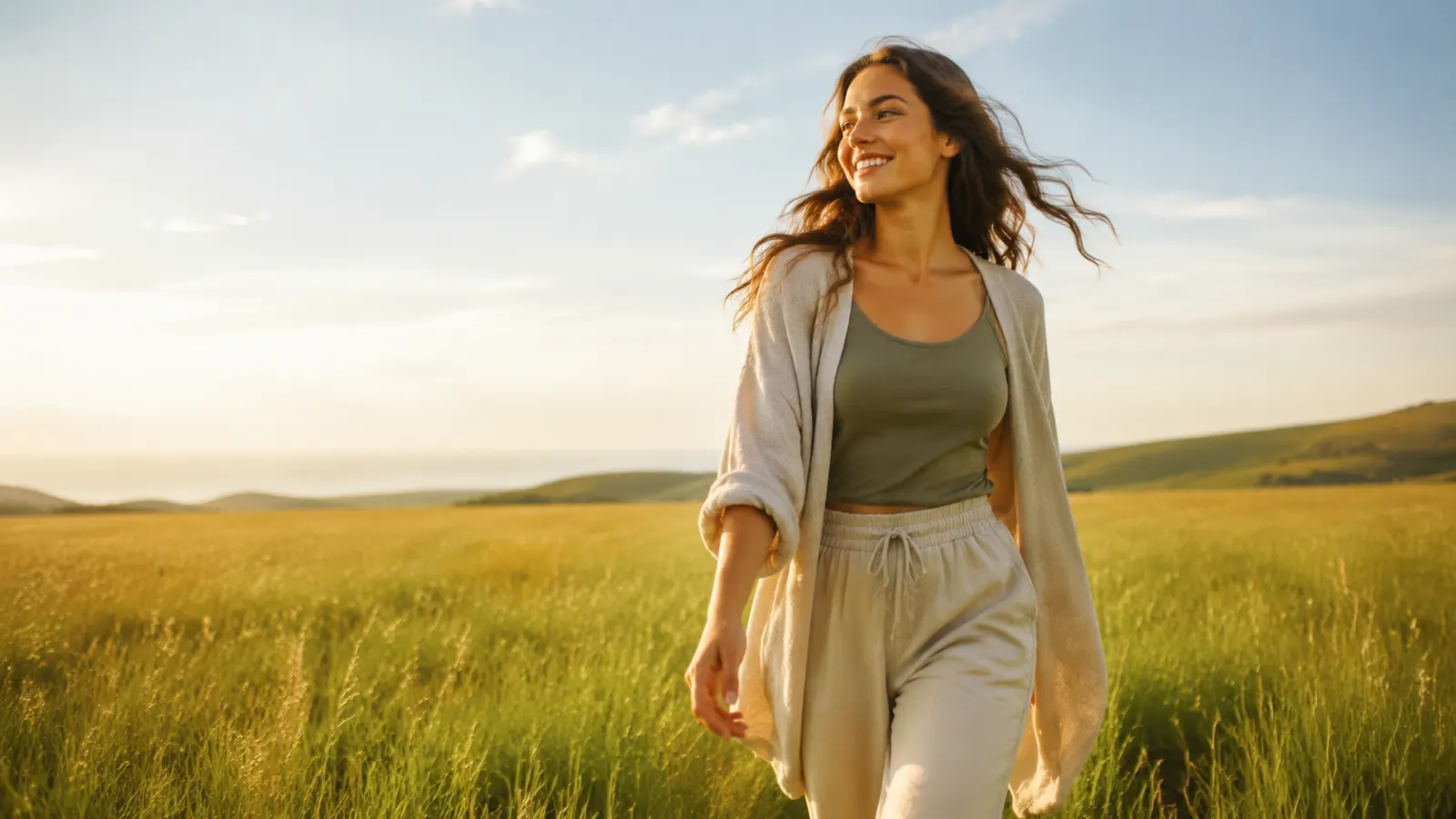 Smiling woman walking through a sunny meadow for a positive vibes caption article