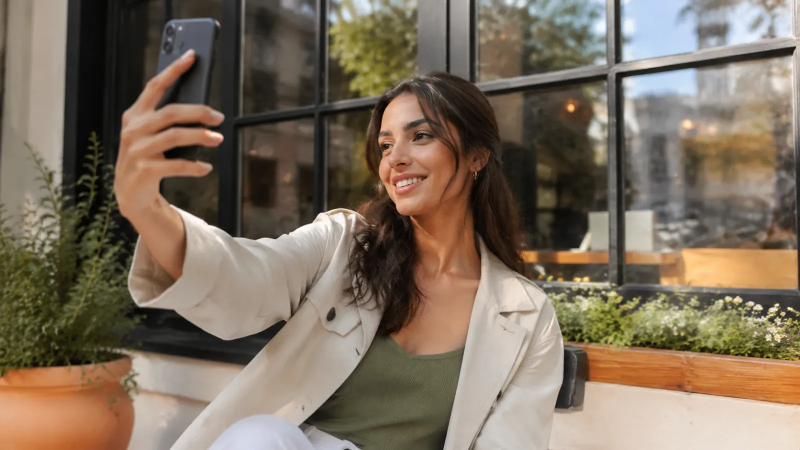 Smiling woman holding a smartphone in a sunlit wildflower field