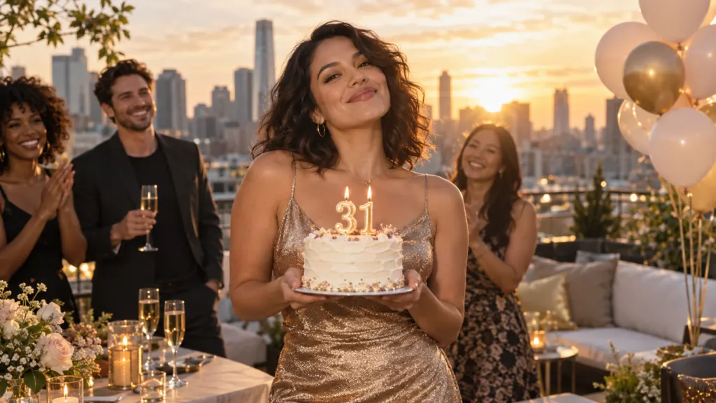 Confident woman celebrating her 31st birthday with friends on a rooftop