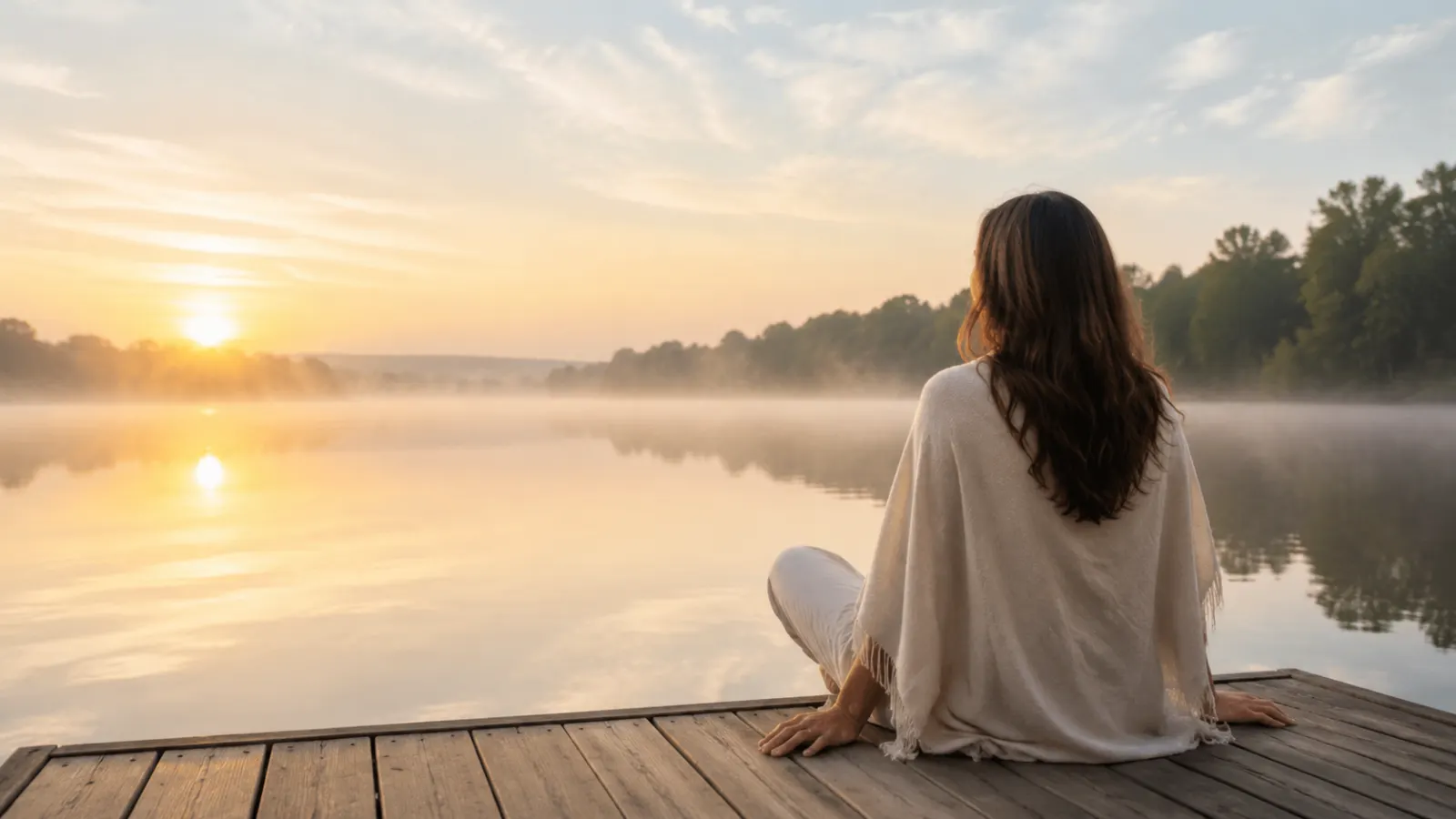 Woman enjoying peace of mind beside a calm lake at sunrise